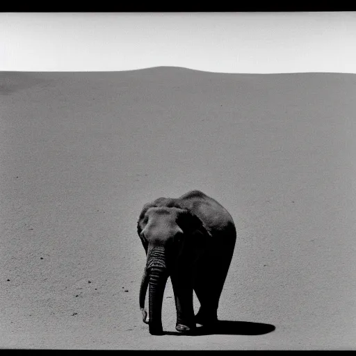 Image similar to extremely detailed black and white polaroid picture by john l. gaunt of a baby elephant standing on the moon's surface. very grainy picture. extreme lighting