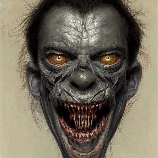 Image similar to dmitry medvedev, is evil gremlin, rotten teeth, horror, macabre by donato giancola and greg rutkowski and wayne barlow and zdzisław beksinski, realistic face, digital art