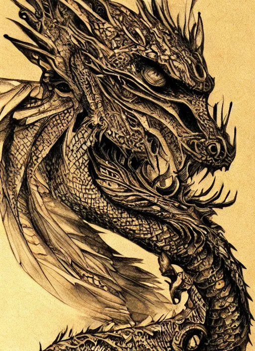 Image similar to highly detailed picture of great dragon, sketch tattoo, edge of the universe, perfectly face, highly detailed, masterpiece, trending on artstation, golden ratio, cinematic romantic magical, perfect intricate highly detailed painting by vonnart, digital art