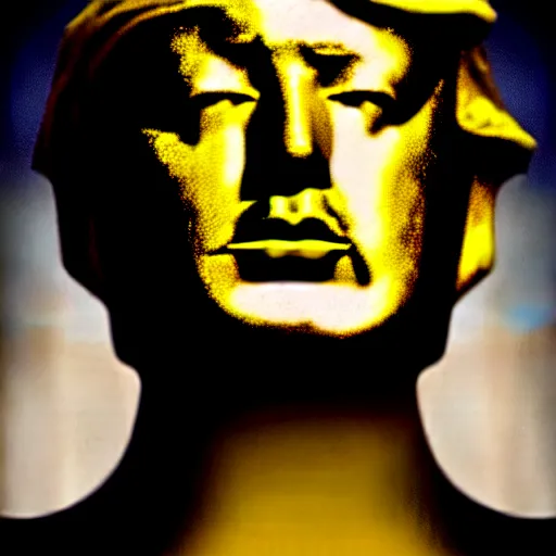 Prompt: a melting golden bust of Donald Trump with drips of molten metal, highly polished fashion magazine photography