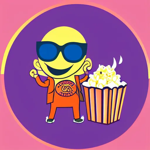 Prompt: vector logo featuring a flaming piece of popcorn with a smiling face, with mirrorshades sunglasses, popcorn as morpheus, clean composition, symmetrical