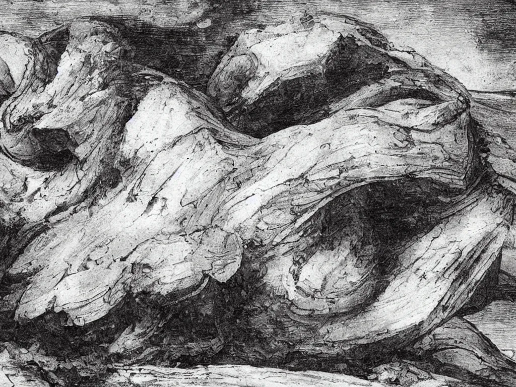 Image similar to dream bot mothership crashed into the icy mountains, wind sculpted boulder. painting by leonardo da vinci