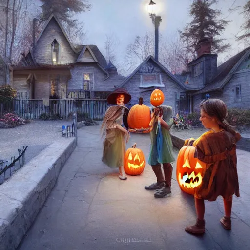 Image similar to epic masterpiece of cinematographic hyperrealism where 3 children appear trick - or - treating in halloween costumes. realistic shaded lighting poster by craig mallismo, artgerm, jeremy lipkin and michael garmash, unreal engine, radiant light, complex detailed environment, digital art, art station trends