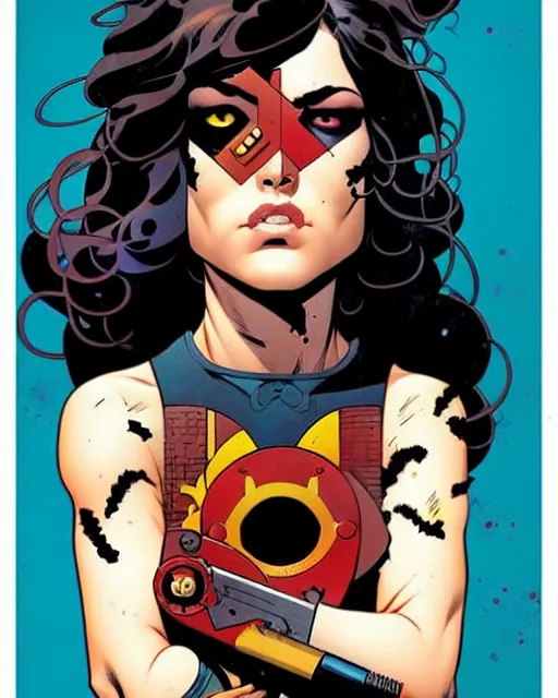 Image similar to mike mignola and sandra chevrier comic cover art, full body cute young lady, symmetrical eyes, bangs, rim lighting, vivid colors