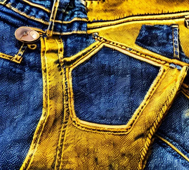 Image similar to a 4 k photorealistic photo full shot of a yellow and blue gun denim.