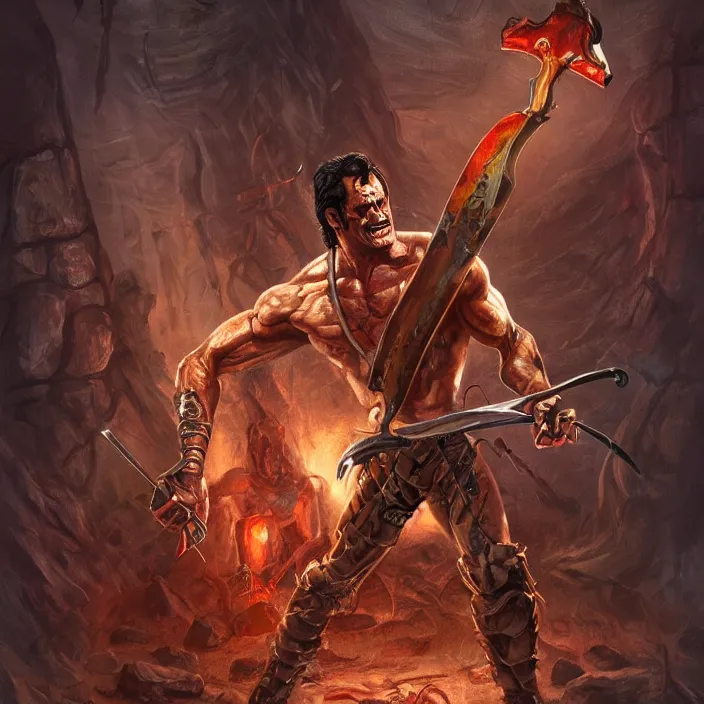 Image similar to Ash Williams from The evil dead, manowar album, Muscular man, striking demon with large bloody barbarian sword, D&D, fantasy, intricate, cinematic lighting, highly detailed, digital painting, artstation, concept art, smooth, sharp focus, illustration by Cory Loftis