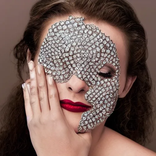 Prompt: a woman's face encrusted in diamonds and crystals