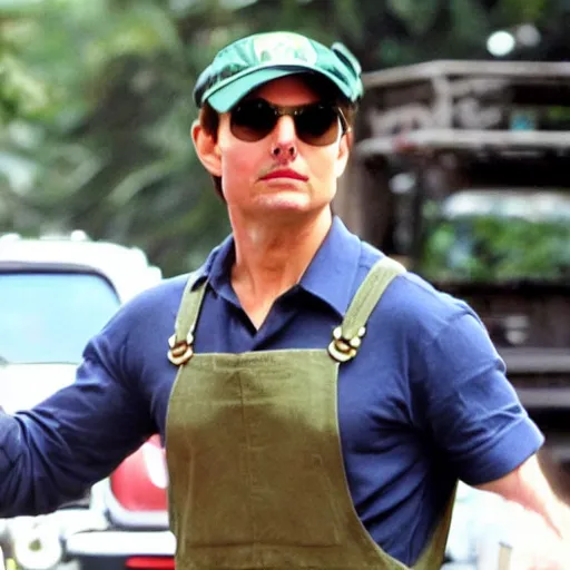 Image similar to tom cruise wearing mario's hat and overalls