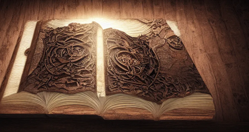 Prompt: a majestic and mystifying book about life, wooden book, relic, dark knowledge, wisdom, secrets, hard cover book, adventure, glowing, moody environment, wooden table, feeling of doom and gloom, realistic, 8 k render, unreal engine 5 render