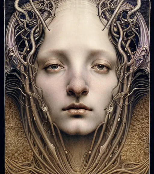 Image similar to detailed realistic beautiful young medieval alien queen face portrait by jean delville, gustave dore and marco mazzoni, art nouveau, symbolist, visionary, gothic, pre - raphaelite, iridescent fractal details. horizontal symmetry by zdzisław beksinski, iris van herpen, raymond swanland and alphonse mucha. highly detailed, hyper - real, beautiful