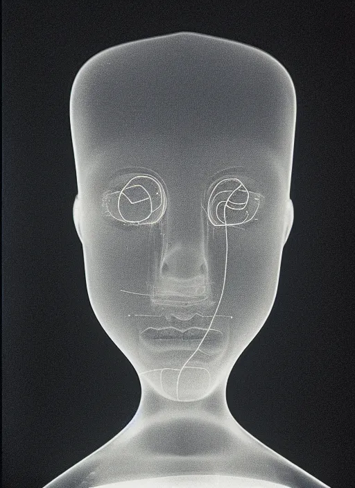 Image similar to realistic object photo of a face made pure transparent plastic white, bokeh, grain, man ray, x - ray, electronic microscope, front view, symmetric 1 9 9 0, life magazine photo