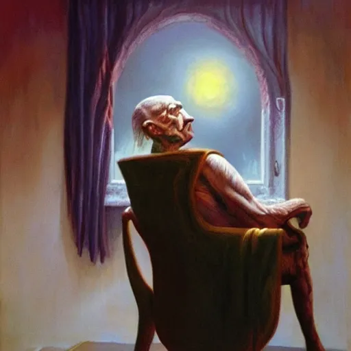 Image similar to angry old man in chair inside a dark house, surrealism, painting by boris vallejo and michael whelan