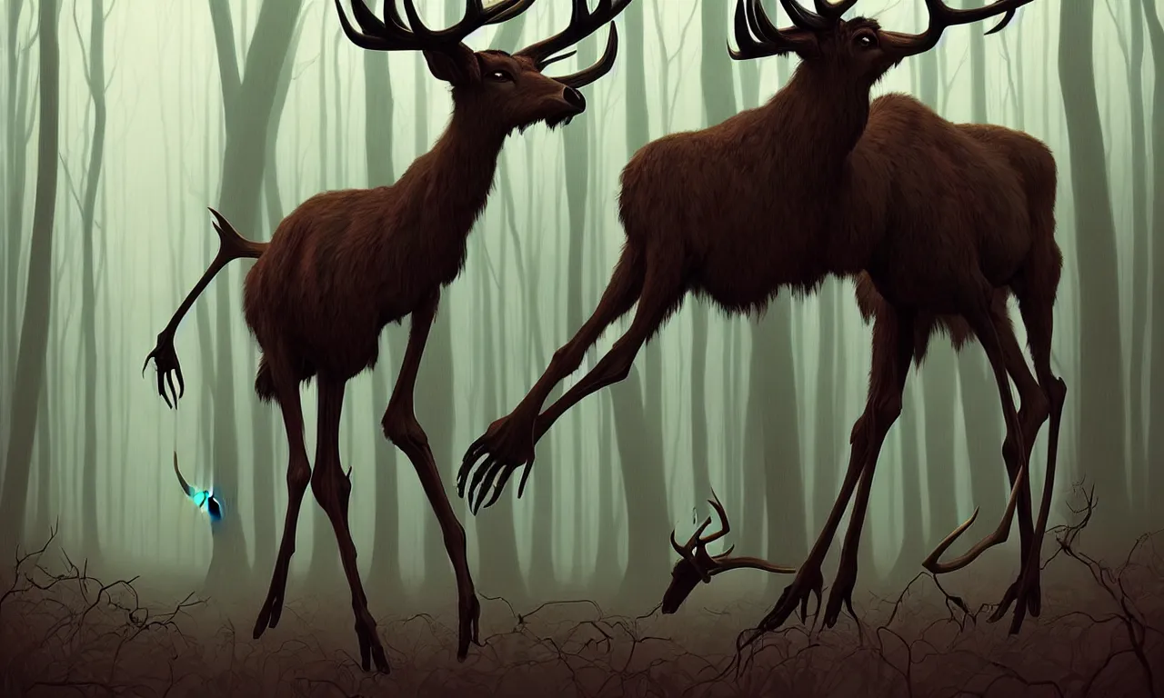 Image similar to rafeal albuquerque comic art, joshua middleton, artgerm : : wendigo monster with deer skull face, antlers, furry body, tall and lanky : : walking through the forest : : night time : : spooky, scary, fog