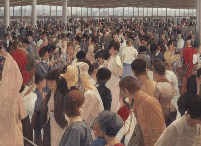 Image similar to people interior airport, crowd of people, portrait face, in the style of peter ferguson, frantisek kupka, intricate, miles johnston, kuroda seiki, cynical realism, ozabu, john william godward, painterly, yoshitaka amano, moebius, miles johnston, louise zhang, james jean