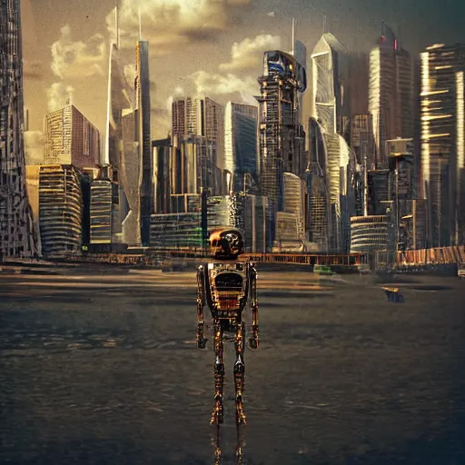 Image similar to portrait of a droid from mars amongst an extraterrestrial cityscape, intricate detail, hyperrealistic