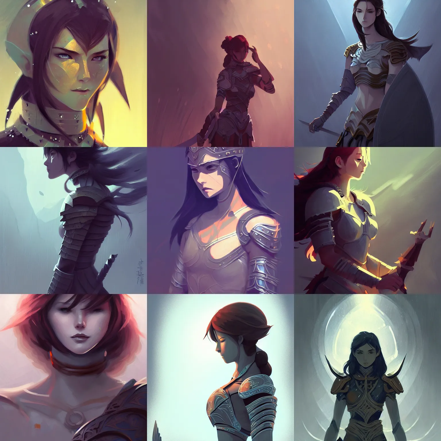 Prompt: female warrior, passion, bravery, intricate armour costumes, light and shadow effects, intricate, digital painting, art station, concept art, cold tones, smooth, sharp focus, morandi color scheme, sharply shaped, illustration, art by makoto shinkai and lois van baarle
