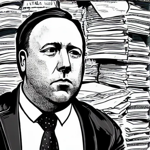 Prompt: moody illustration of alex jones in a depressing small office room with green light and tons of documents stacked up