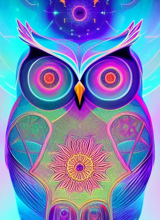 Image similar to symmetry!! product render poster vivid colors divine proportion owl, cosmos, glowing fog intricate, elegant, highly detailed, digital painting, artstation, concept art, smooth, sharp focus, illustration,