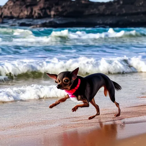 Image similar to a chihuahua running through the surf on the beach