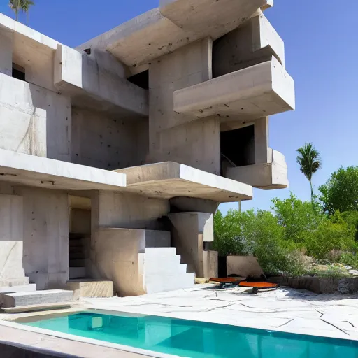 Image similar to habitat 6 7 in the desert, biophilia mood, pool, garden, highly detailed, cinematic, photorealistic,