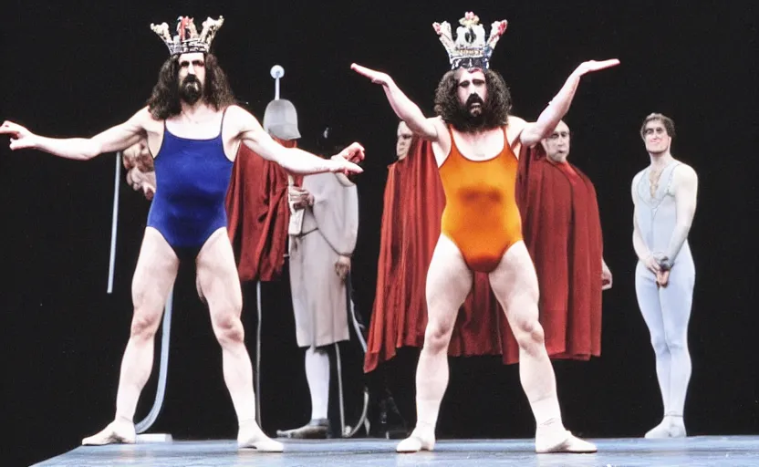 Prompt: Frank Zappa in a leotard and a crown performs the role of Richard III in award-winning modern dress production of Richard III in front of a live audience, action shot, yowza yowza yowza