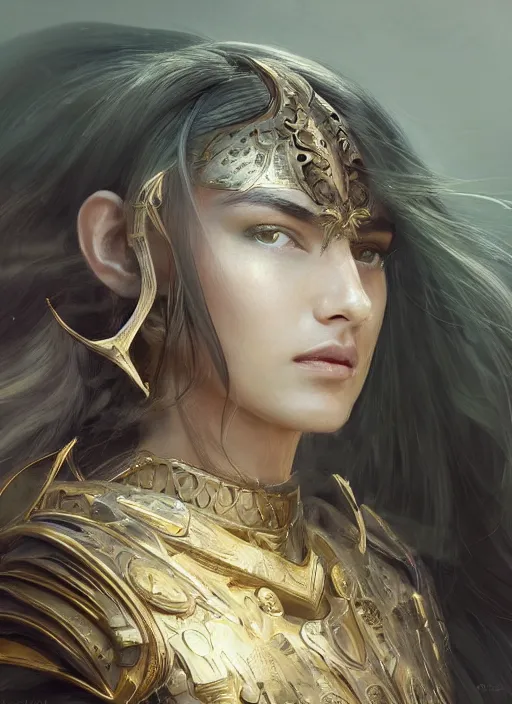 Image similar to a professional portrait of a beautiful young female, clothed in ethereal battle armor, olive skin, long dark hair, beautiful bone structure, symmetrical facial features, intricate, elegant, digital painting, concept art, smooth, sharp focus, finely detailed, illustration, from Valerian and the City of a Thousand Planets, in the style of Ruan Jia and Mandy Jurgens and Artgerm and Greg Rutkowski and William-Adolphe Bouguerea