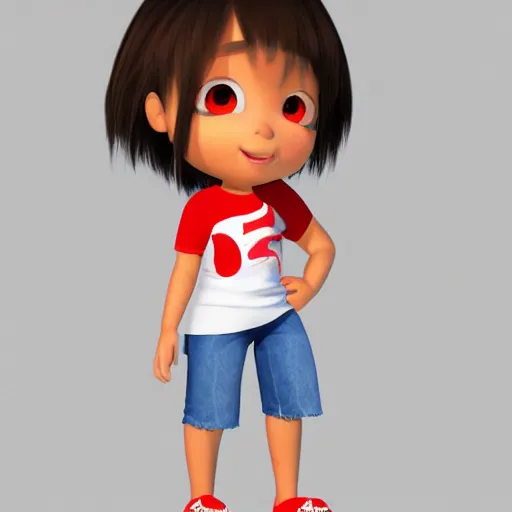 Image similar to Splash art, full body, semi-realistic, Latina indigenous little anime girl 3D Pixar-style with a white t-shirt, red sleeves and regular blue jeans with cool shoes, her hair is made out of fire, trending on artstation