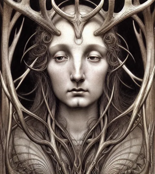 Prompt: detailed realistic beautiful antler goddess face portrait by jean delville, gustave dore, iris van herpen and marco mazzoni, art forms of nature by ernst haeckel, art nouveau, symbolist, visionary, gothic, neo - gothic, pre - raphaelite, fractal lace, intricate alien botanicals, biodiversity, surreality, hyperdetailed ultrasharp octane render