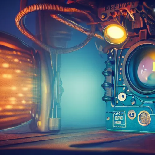 Image similar to cardboard pinhole camera, steampunk, extreme closeup, center frame, symmetric, rim light, bioluminescence, electric, soft, concept art, intricate details, highly detailed, colorful, photorealistic, disney pixar, octane render, iridescent, anime, 8 k