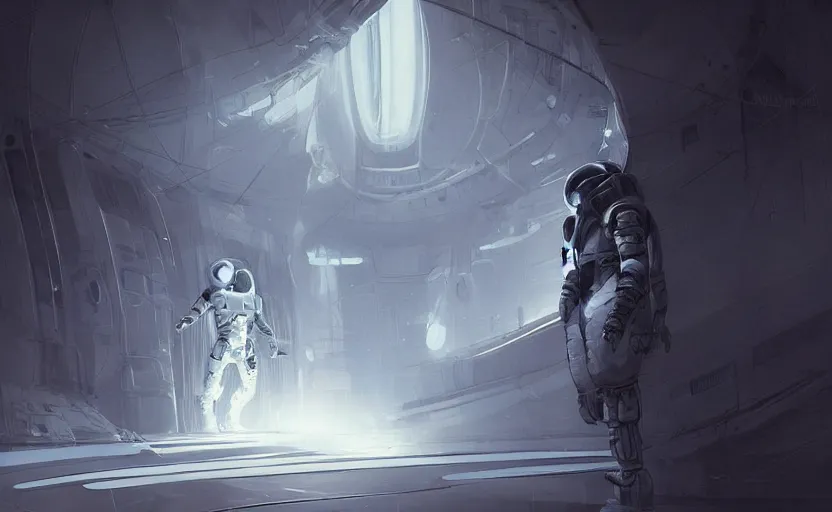 Prompt: a beautiful artwork illustration, concept art sketch of a futuristic astronaut in a white futuristic cybernetic suit in a dim laboratory, volumetric fog, godrays, high contrast, high contrast, high contrast, vibrant colors, vivid colors, high saturation, by Greg Rutkowski and Jesper Ejsing and Raymond Swanland and alena aenami, featured on artstation, wide angle, vertical orientation