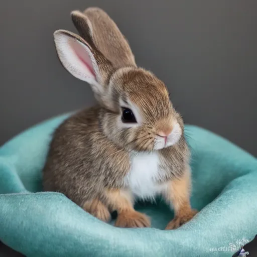 Image similar to Baby bunny who thinks Elina is the loveliest person in the world, hanging out on fluffy mountains portrait