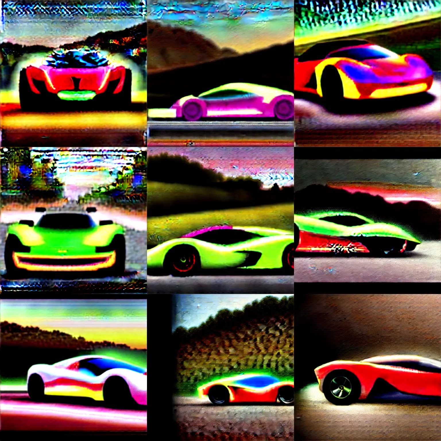 Prompt: Classicism painting of a neon hypercar in the italian countryside with whitewall tyres, 8k resolution, trending on artstation