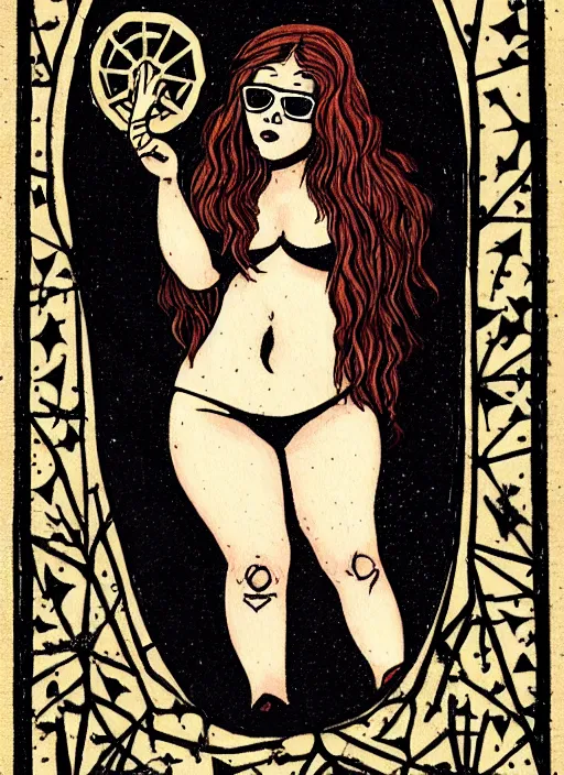 Prompt: a dark tarot card featuring border illustrations, text and a pale young woman, chubby, with long wavy red hair and trendy glasses! posing in a room, dramatic, incredibly detailed art, medieval, halloween