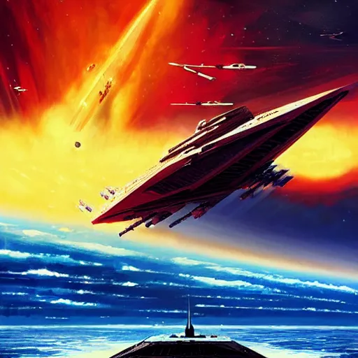 Image similar to a star destroyer from star wars battling the uss enterprise from star trek, by anato finnstark, by alena aenami, by john harris, by ross tran, by wlop, by andreas rocha