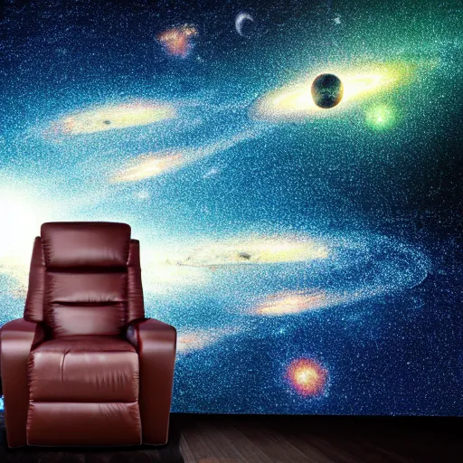 Image similar to a person floating out of their recliner chair, dramatic galaxy background scene, stars planets suns