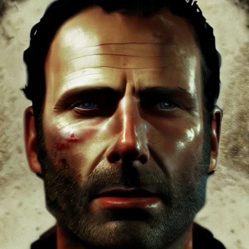 Image similar to rick grimes in resident evil, artstation hall of fame gallery, editors choice, #1 digital painting of all time, most beautiful image ever created, emotionally evocative, greatest art ever made, lifetime achievement magnum opus masterpiece, the most amazing breathtaking image with the deepest message ever painted, a thing of beauty beyond imagination or words