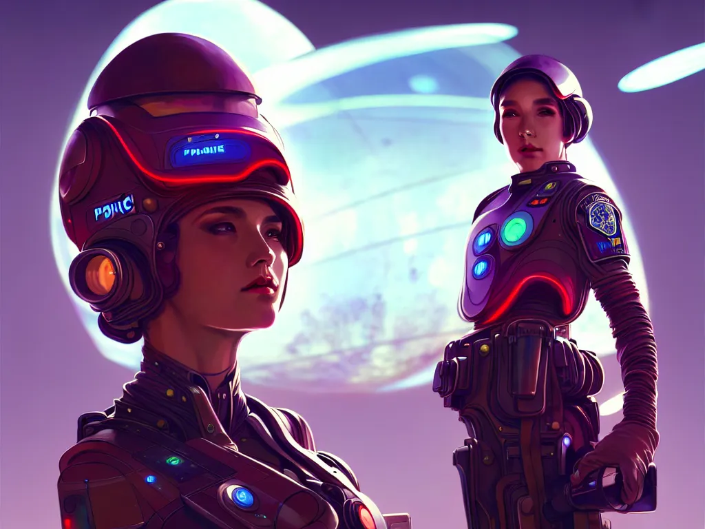Prompt: portrait futuristic planet mars police uniform female, in a future huge spaceship internal, neon light, ssci - fi and fantasy, intricate and very very beautiful and elegant, highly detailed, digital painting, artstation, concept art, smooth and sharp focus, illustration, art by tan zi and ayanamikodon and alphonse mucha and wlop