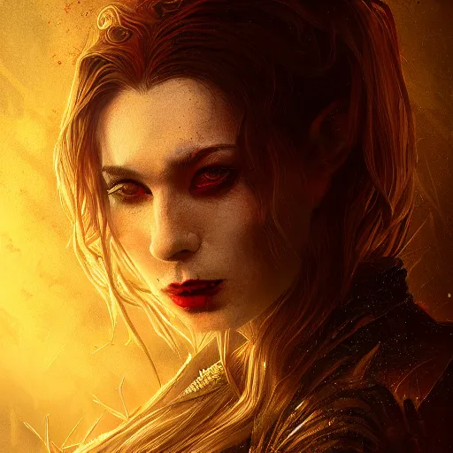 Image similar to Menacing regal female vampire portrait, atmospheric lighting, painted, intricate, volumetric lighting, beautiful, rich deep colors masterpiece, golden hour, sharp focus, ultra detailed, by Leesha Hannigan, Ross Tran, Thierry Doizon, Kai Carpenter,Ignacio Fernández Ríos