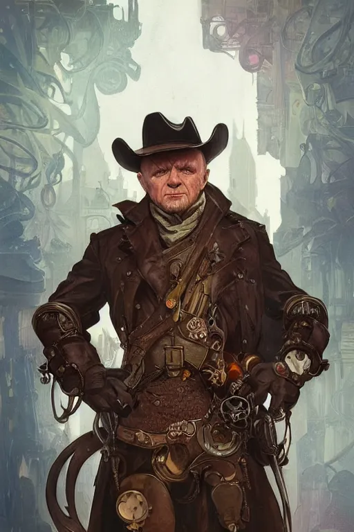 Image similar to anthony hopkins steampunk half - cyborg cowboy, pelt coats, high fantasy, dnd, smooth, sharp focus, illustration, highly detailed, digital painting, artstation, concept art, by rossdraws, alphonse mucha, frank fanzzeta, collectible card art