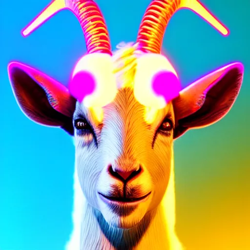 Image similar to synthwave goat face with neon horns, detailed face, sharp focus, synthwave art, aesthetic, octane render, raw, cinematic