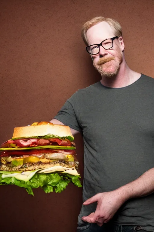 Image similar to 📷 portrait of adam savage the sandwich, made of food, still image, dynamic lighting, 4 k