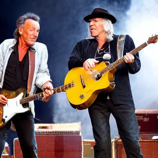 Prompt: Photo of Bruce Springsteen and Neil Young jamming on stage at a festival
