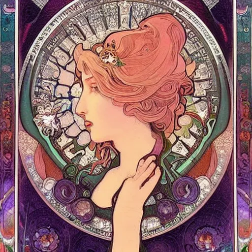 Image similar to Alice in Wonderland,Diamonds Blaze,Rose twining,out of time and space,dreamy, eternity, romantic,highly detailed,in the style of Alphonse Maria Mucha, highly detailed,night lighting