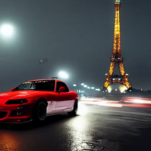 Prompt: highly detailed mazda rx 7 drifting in paris at night, in gta v, stephen bliss, drift smoke, unreal engine, fantasy art by greg rutkowski, loish, rhads, ferdinand knab, makoto shinkai and lois van baarle, ilya kuvshinov, rossdraws, tom bagshaw, global illumination, radiant light, detailed and intricate environment