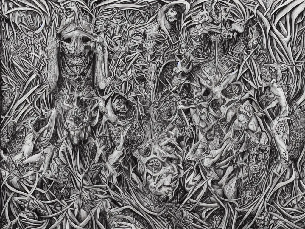 Image similar to transformation through death by Alex Grey and M. C. Escher collaboration