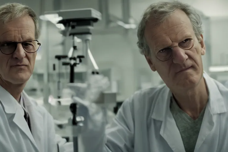 Prompt: an ultra realistic cinematic portrait of an evil male scientist smirking, foggy, stood in a lab, detailed, backlight, deep focus, movie still, moody lighting, by werner herzog
