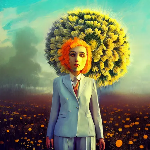 Prompt: giant daisies flower head, frontal, girl in a suit, surreal photography, sunrise, dramatic light, impressionist painting, digital painting, artstation, simon stalenhag