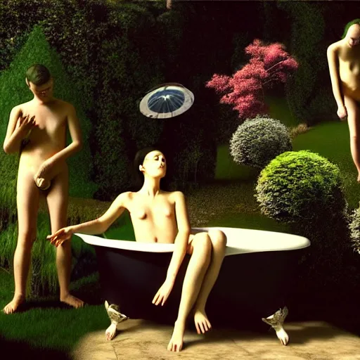 Image similar to hyperrealism photography computer simulation visualisation of parallel universe detailed bath in the garden in surreal scene from art house futuristic movie by caravaggio