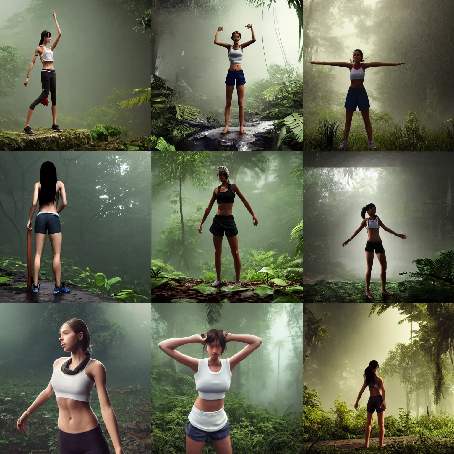 Prompt: athletic girl looks toward camera fearfully with arms over hear head in jungle rain, soaking white!!!! tshirt tied in knot, ragged!!! clothing, short dark hair, sweaty abs, bare legs, evening, hyperrealistic, unreal engine 5, detailed render, atmospheric haze, dark natural glow, mid distance