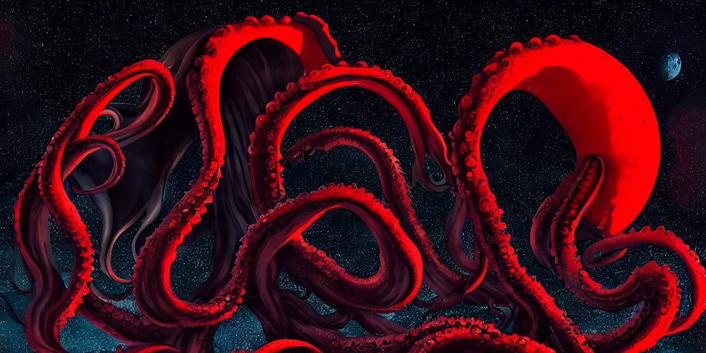 Prompt: giant <Cthulhu> tentacles silhouetted lunar surface crushing attacking red spaceship, bomber, photorealistic, wide-angle, long shot, epic, space, lunar photo backdrop on film